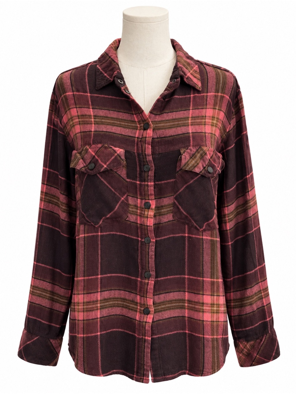Sanctuary Boyfriend Plaid Snap Button Shirt Burgundy Pink Rayon L